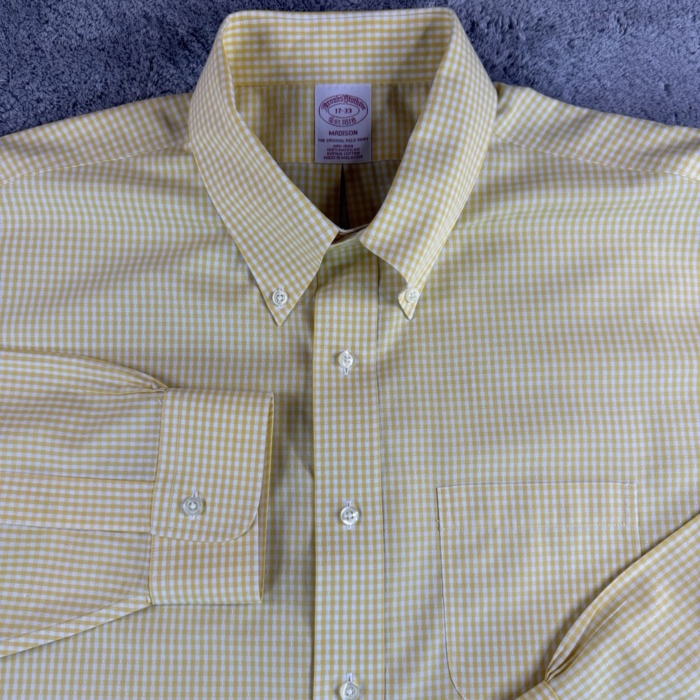 Brooks Brothers Madison Shirt Mens 17-33 XL Yellow Gingham Check Supima Cotton